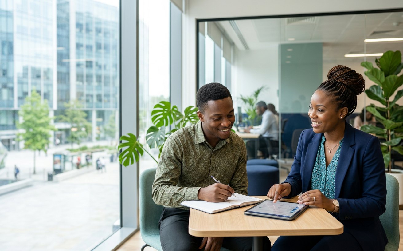 A career adviser helping a job seeker explore an opportunity