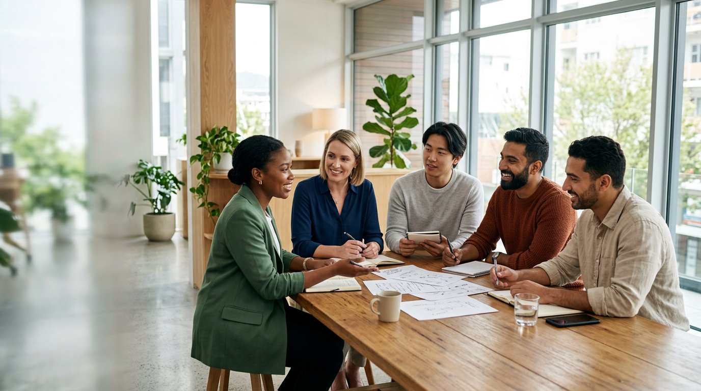 A diverse international team collaborating around a table