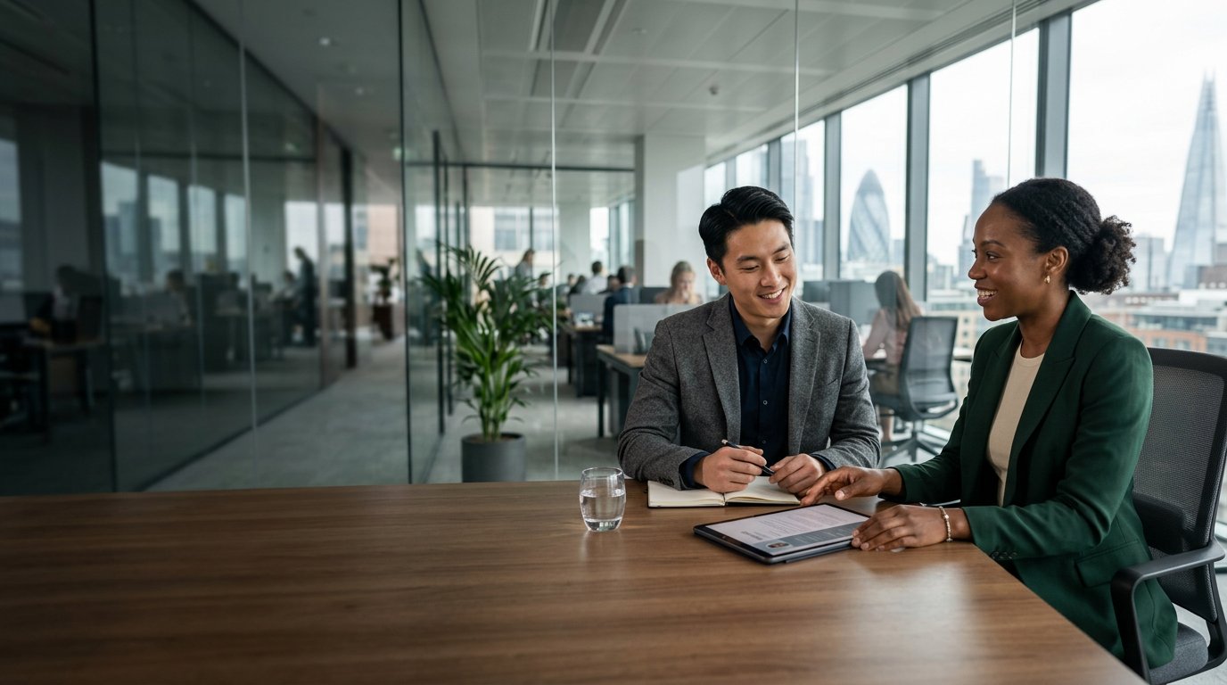 Illustrative scene of a talent consultant and job candidate discussing opportunities in a modern office